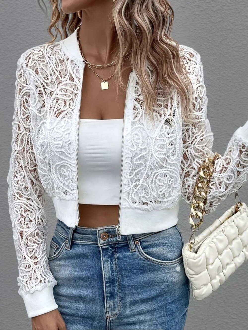 Women's Zip-Up Navel Lace Contrast Pilot Jacket